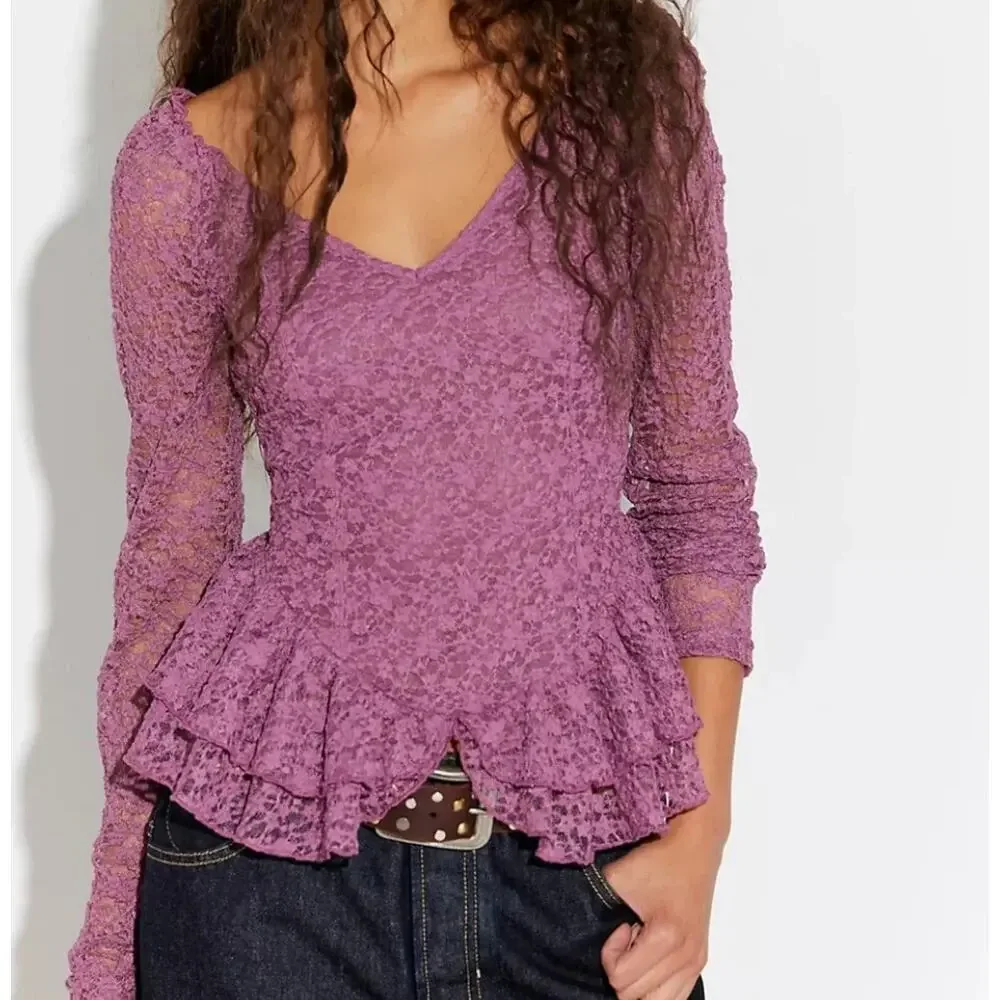 NWT Free People Stella Long Sleeve Top Womens S Tulipwood Purple Lace Ruffle